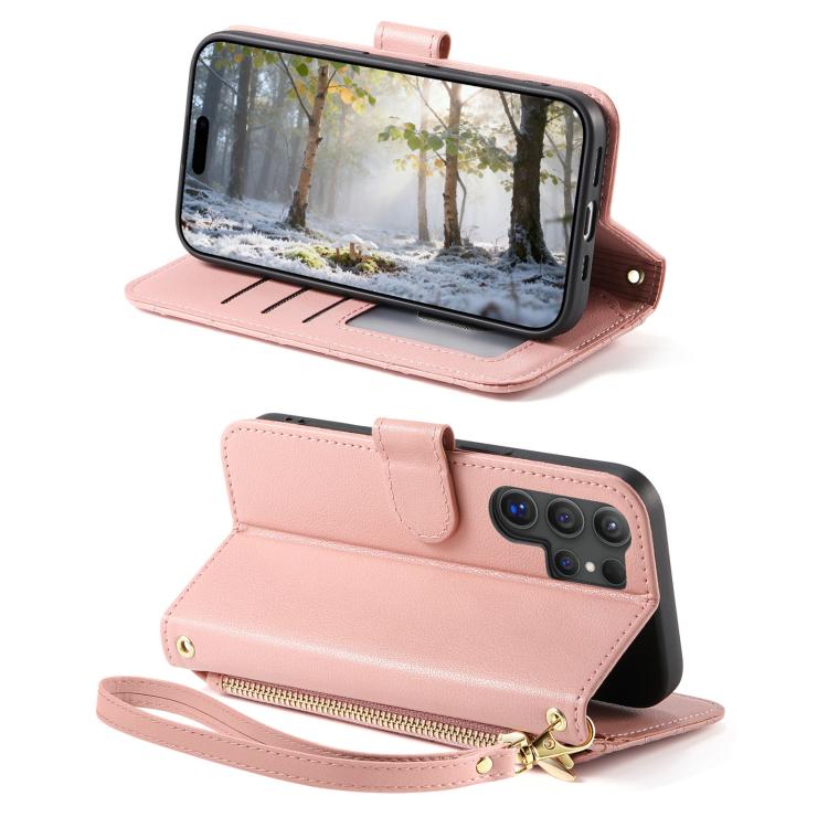 For Samsung Galaxy S25 Ultra 5G Rhombic Texture Zipper Wallet Metal Bow-knot Vegan Leather Phone Case with Strap