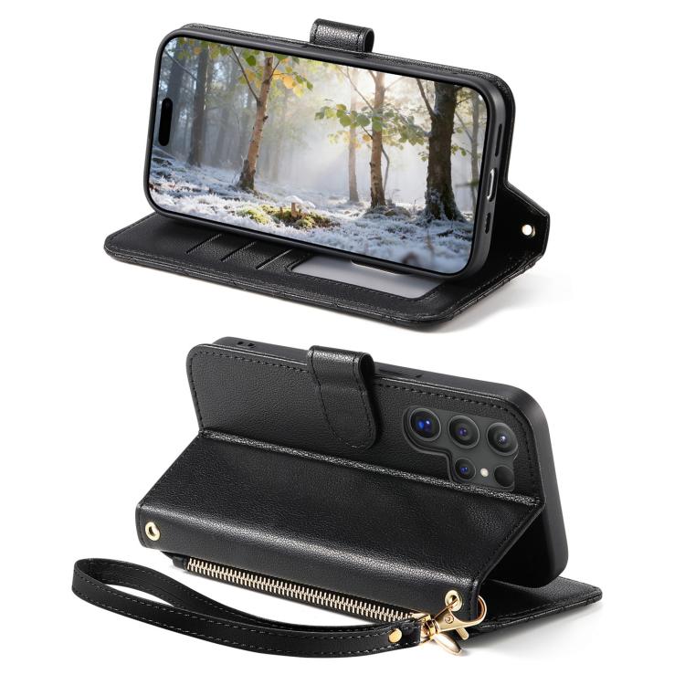 For Samsung Galaxy S25 Ultra 5G Rhombic Texture Zipper Wallet Metal Bow-knot Vegan Leather Phone Case with Strap