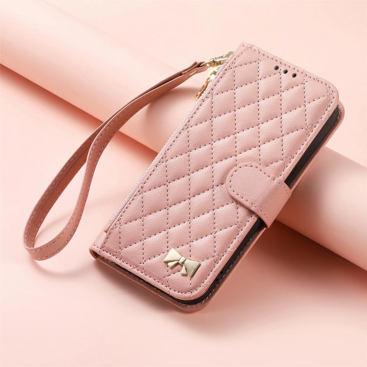 For Samsung Galaxy A36 5G Rhombic Texture Zipper Wallet Metal Bow-knot Vegan Leather Phone Case with Strap