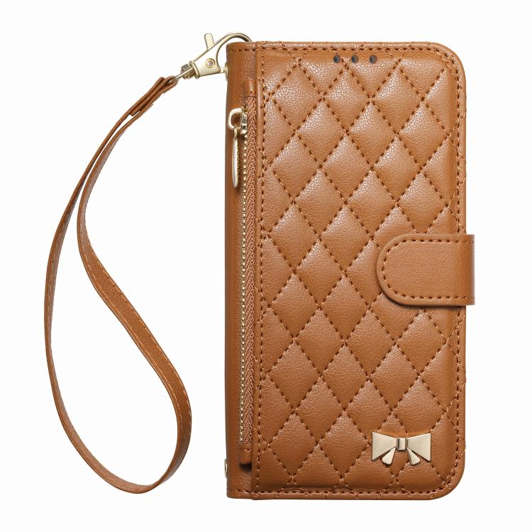 For Samsung Galaxy A37 5G Rhombic Texture Zipper Wallet Metal Bow-knot Vegan Leather Phone Case with Strap