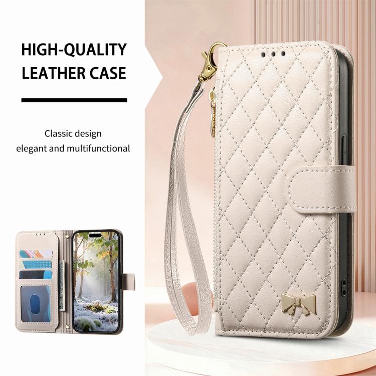 For Samsung Galaxy A37 5G Rhombic Texture Zipper Wallet Metal Bow-knot Vegan Leather Phone Case with Strap