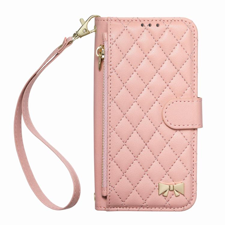For Samsung Galaxy A57 5G Rhombic Texture Zipper Wallet Metal Bow-knot Vegan Leather Phone Case with Strap