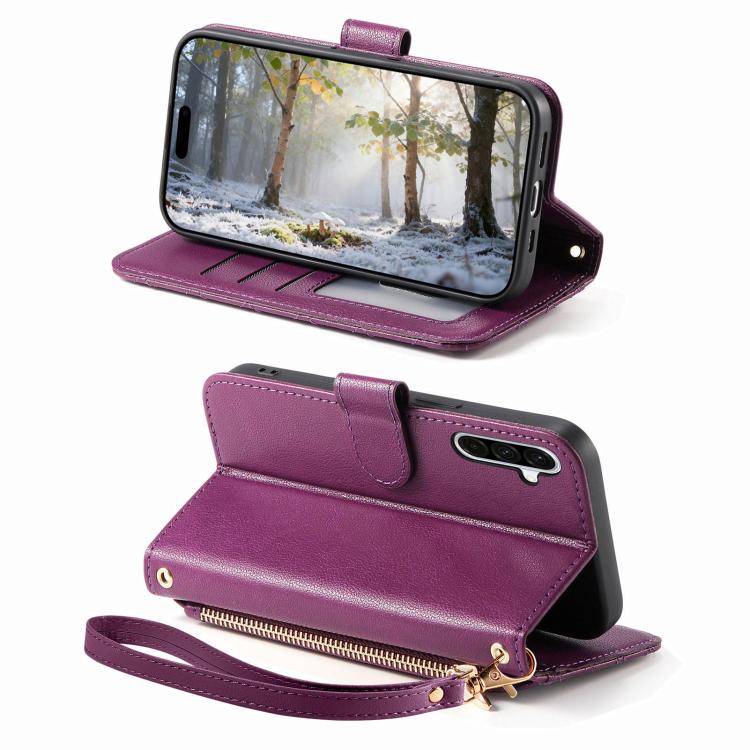 For Samsung Galaxy A16 Rhombic Texture Zipper Wallet Metal Bow-knot Vegan Leather Phone Case with Strap