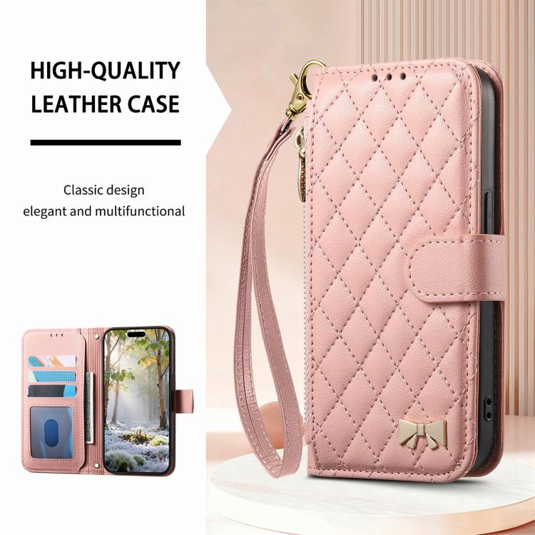 For Samsung Galaxy A16 Rhombic Texture Zipper Wallet Metal Bow-knot Vegan Leather Phone Case with Strap