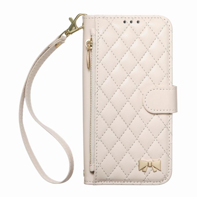 For Samsung Galaxy A16 Rhombic Texture Zipper Wallet Metal Bow-knot Vegan Leather Phone Case with Strap