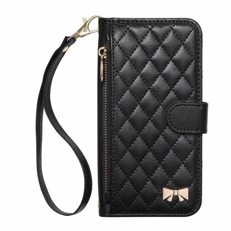For Samsung Galaxy A16 Rhombic Texture Zipper Wallet Metal Bow-knot Vegan Leather Phone Case with Strap