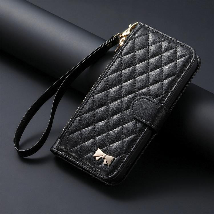 For Samsung Galaxy A17 Rhombic Texture Zipper Wallet Metal Bow-knot Vegan Leather Phone Case with Strap