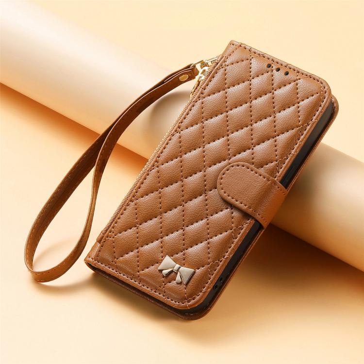 For Samsung Galaxy A26 5G Rhombic Texture Zipper Wallet Metal Bow-knot Vegan Leather Phone Case with Strap