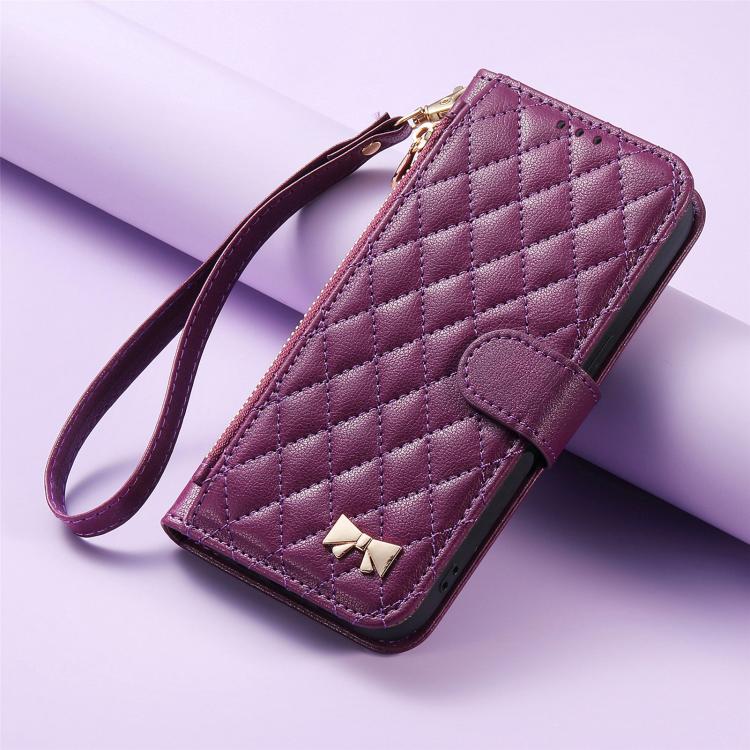 For Samsung Galaxy A26 5G Rhombic Texture Zipper Wallet Metal Bow-knot Vegan Leather Phone Case with Strap