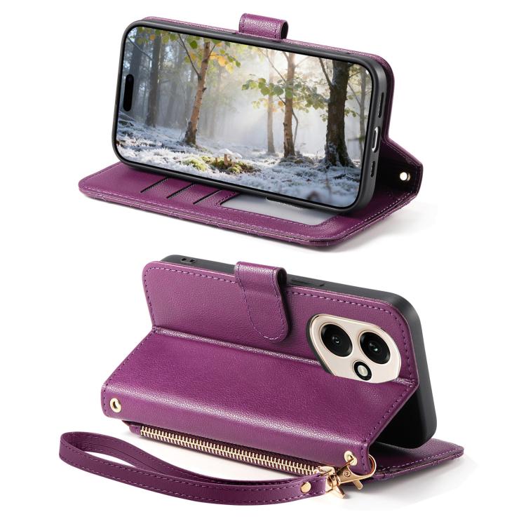For Honor 400 Global 156.5mm Rhombic Texture Zipper Wallet Metal Bow-knot Vegan Leather Phone Case with Strap