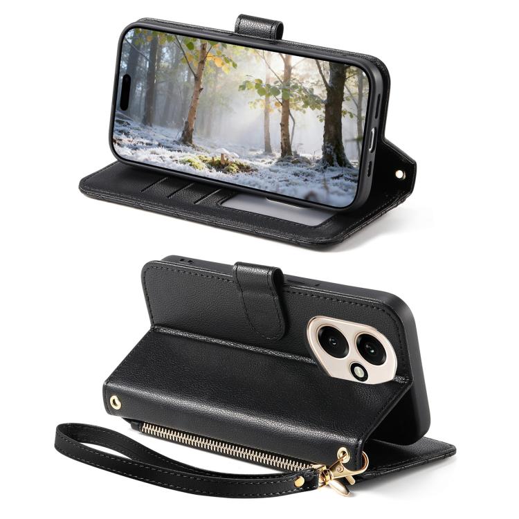 For Honor 400 Global 156.5mm Rhombic Texture Zipper Wallet Metal Bow-knot Vegan Leather Phone Case with Strap