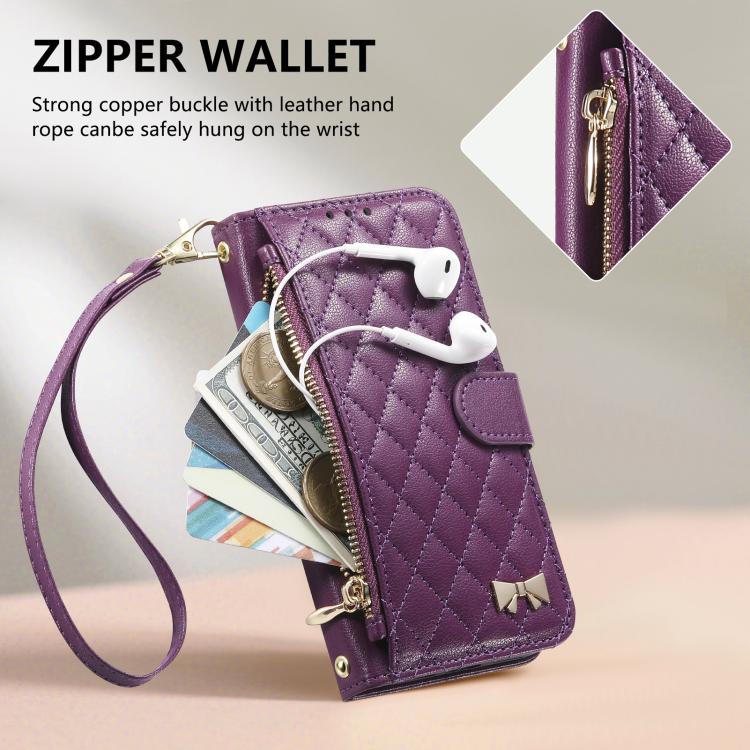 For OPPO Find X9 Pro Rhombic Texture Zipper Wallet Metal Bow-knot Vegan Leather Phone Case with Strap