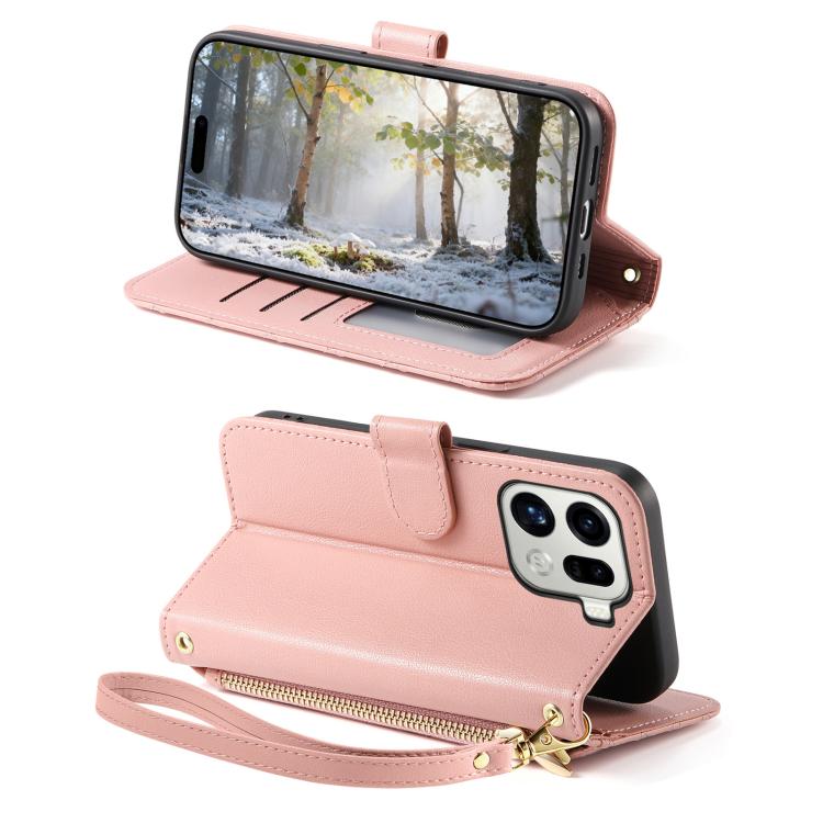 For OPPO Find X9 Pro Rhombic Texture Zipper Wallet Metal Bow-knot Vegan Leather Phone Case with Strap