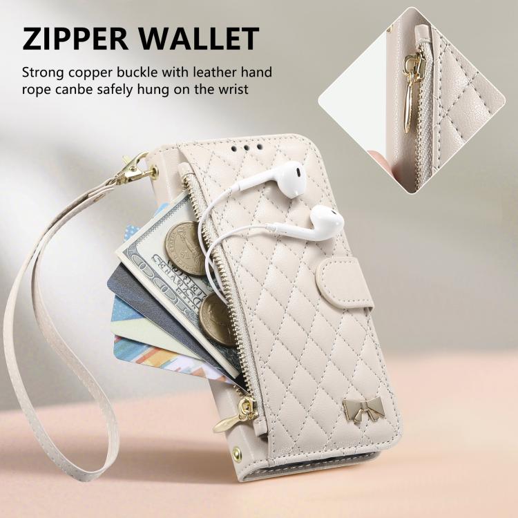 For OPPO Find X9 Pro Rhombic Texture Zipper Wallet Metal Bow-knot Vegan Leather Phone Case with Strap