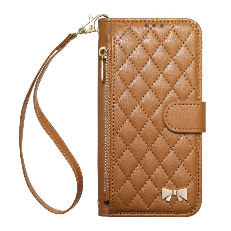 For Sony Xperia 10 VII Rhombic Texture Zipper Wallet Metal Bow-knot Vegan Leather Phone Case with Strap
