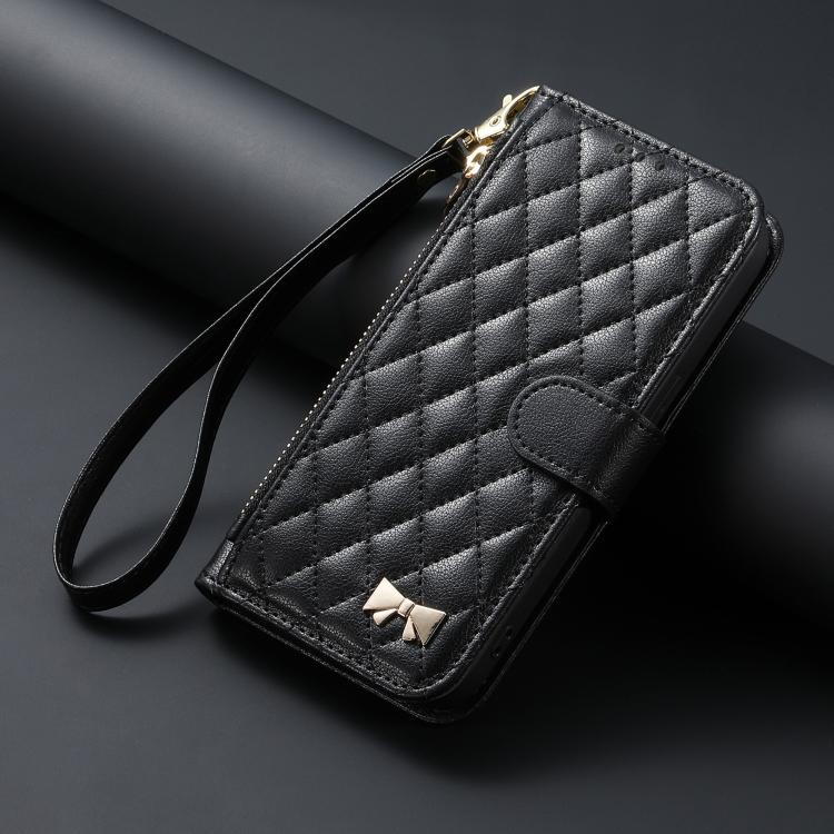 For Sony Xperia 10 VII Rhombic Texture Zipper Wallet Metal Bow-knot Vegan Leather Phone Case with Strap