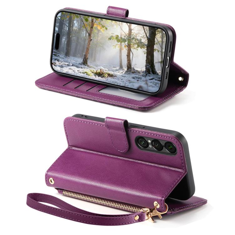 For  Sony Xperia 1 VII Rhombic Texture Zipper Wallet Metal Bow-knot Vegan Leather Phone Case with Strap
