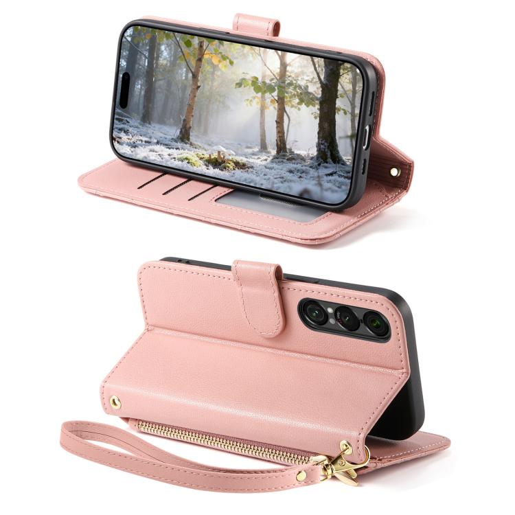 For  Sony Xperia 1 VII Rhombic Texture Zipper Wallet Metal Bow-knot Vegan Leather Phone Case with Strap