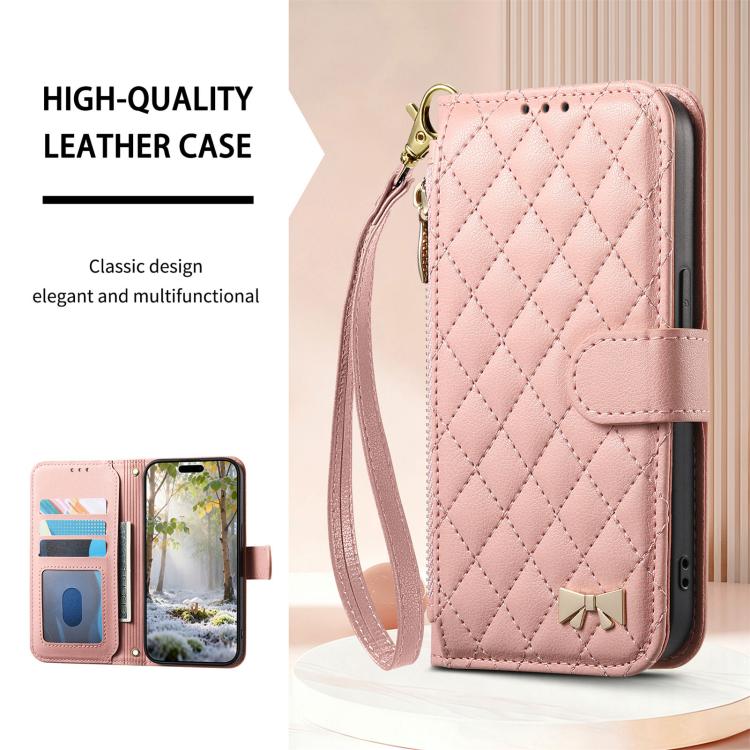 For  Sony Xperia 1 VII Rhombic Texture Zipper Wallet Metal Bow-knot Vegan Leather Phone Case with Strap