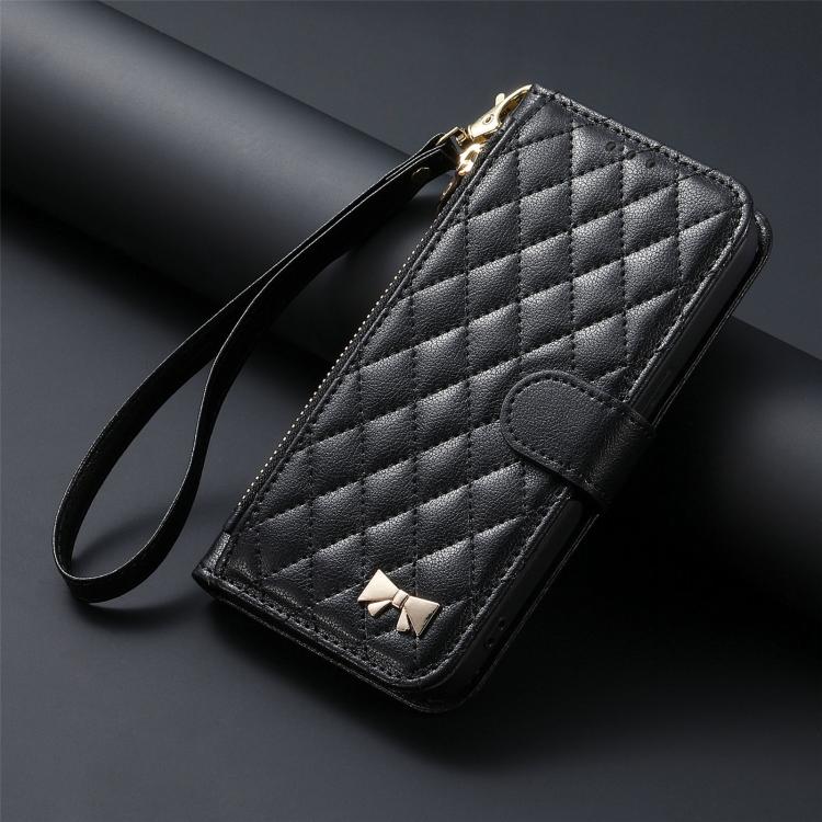 For  Sony Xperia 1 VII Rhombic Texture Zipper Wallet Metal Bow-knot Vegan Leather Phone Case with Strap