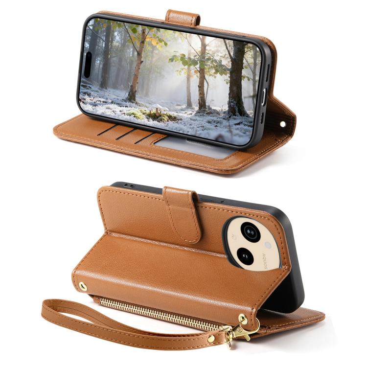 For Sharp Aquos Sense9 Rhombic Texture Zipper Wallet Metal Bow-knot Vegan Leather Phone Case with Strap