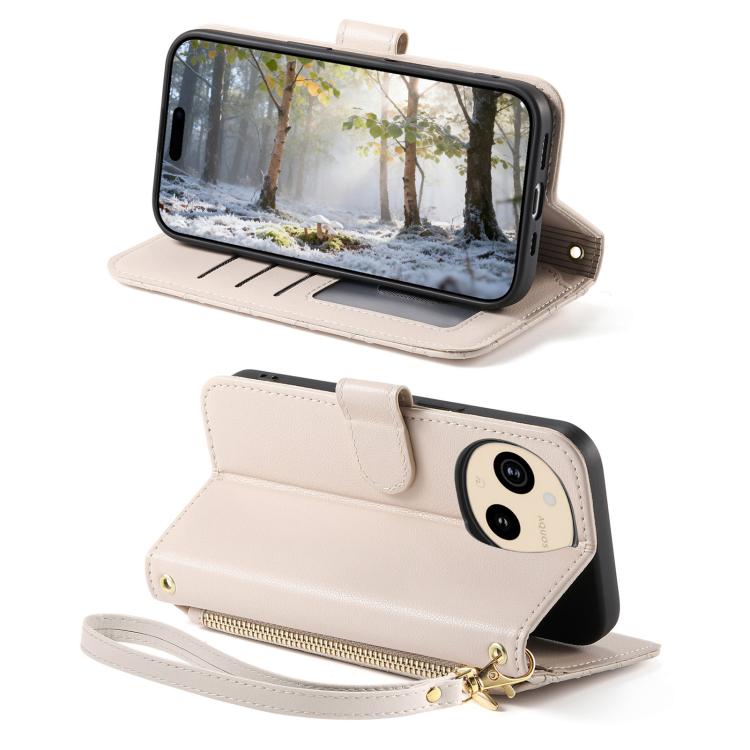 For Sharp Aquos Sense9 Rhombic Texture Zipper Wallet Metal Bow-knot Vegan Leather Phone Case with Strap