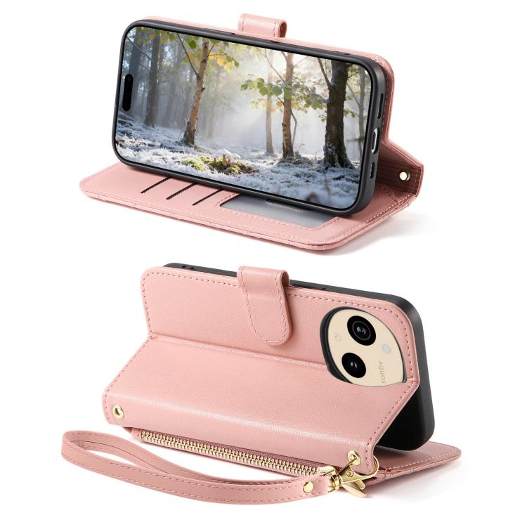 For Sharp Aquos Sense10 Rhombic Texture Zipper Wallet Metal Bow-knot Vegan Leather Phone Case with Strap