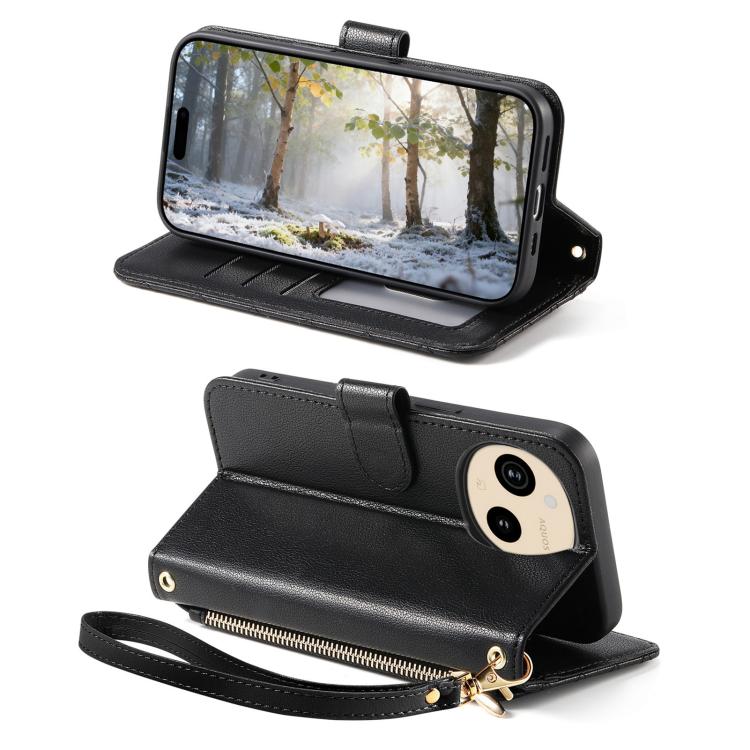 For Sharp Aquos Sense10 Rhombic Texture Zipper Wallet Metal Bow-knot Vegan Leather Phone Case with Strap