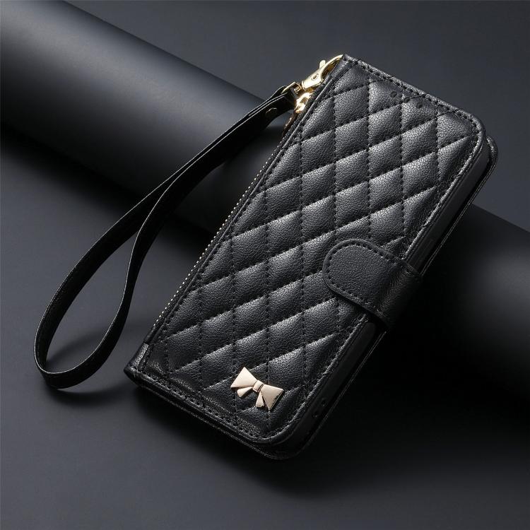 For Sharp Aquos Sense10 Rhombic Texture Zipper Wallet Metal Bow-knot Vegan Leather Phone Case with Strap