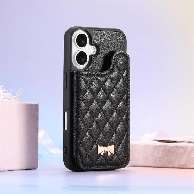 For iPhone 16 Mirror Rhombic Texture Metal Bow-knot Vegan Leather Card Bag Phone Case