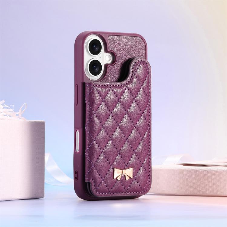 For iPhone 16 Mirror Rhombic Texture Metal Bow-knot Vegan Leather Card Bag Phone Case