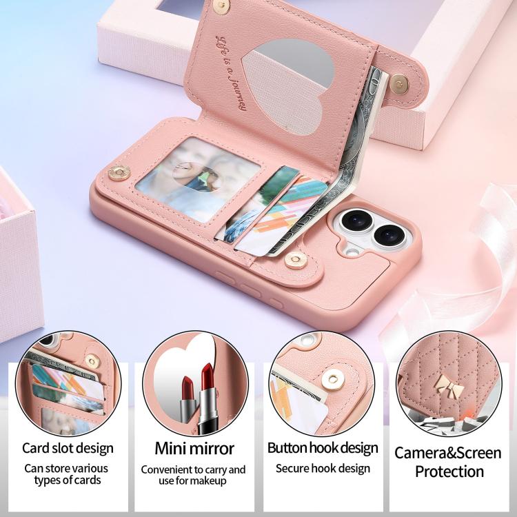 For iPhone 16 Mirror Rhombic Texture Metal Bow-knot Vegan Leather Card Bag Phone Case