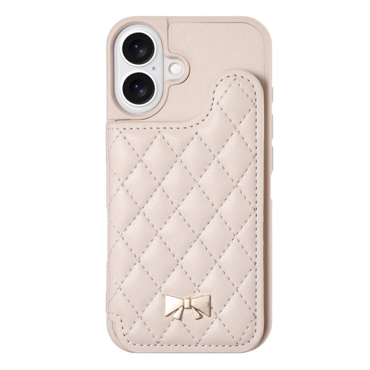 For iPhone 16 Mirror Rhombic Texture Metal Bow-knot Vegan Leather Card Bag Phone Case