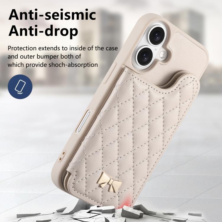 For iPhone 16 Mirror Rhombic Texture Metal Bow-knot Vegan Leather Card Bag Phone Case