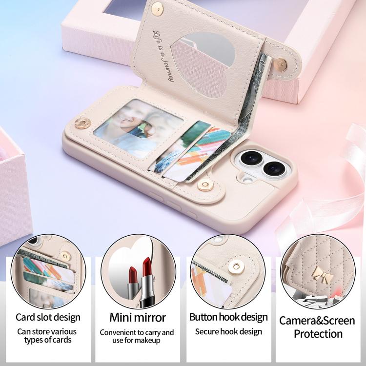 For iPhone 16 Mirror Rhombic Texture Metal Bow-knot Vegan Leather Card Bag Phone Case