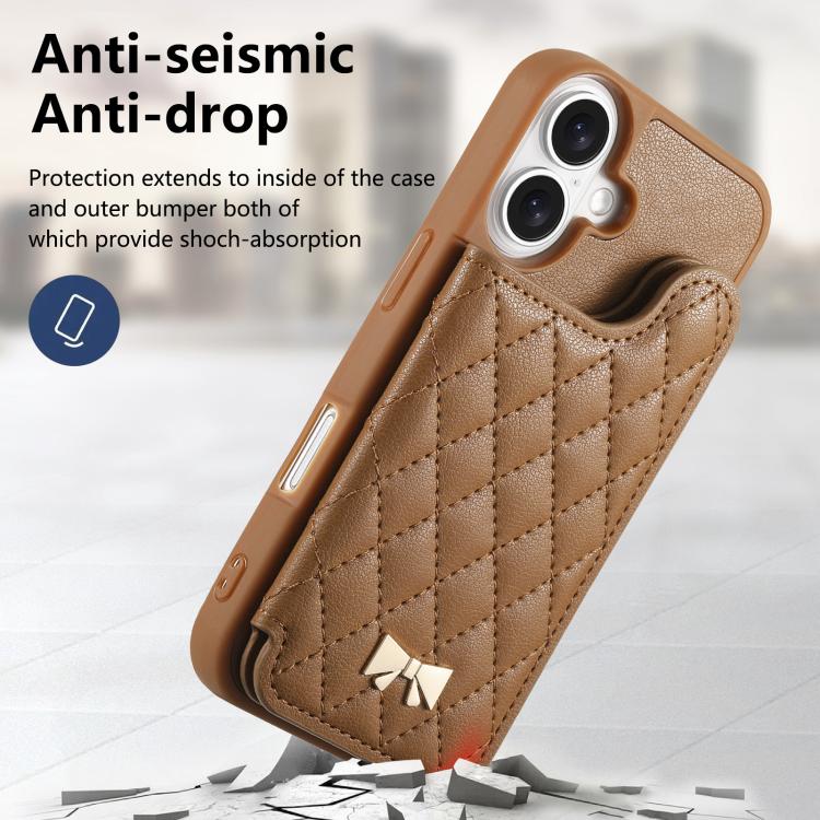 For iPhone 16 Plus Mirror Rhombic Texture Metal Bow-knot Vegan Leather Card Bag Phone Case