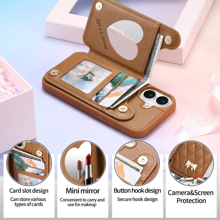 For iPhone 16 Plus Mirror Rhombic Texture Metal Bow-knot Vegan Leather Card Bag Phone Case