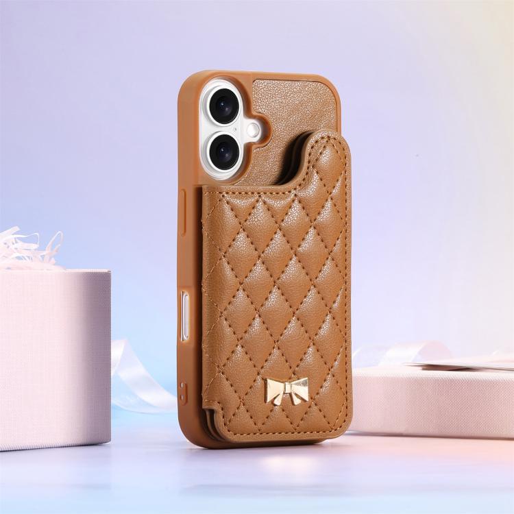 For iPhone 16 Plus Mirror Rhombic Texture Metal Bow-knot Vegan Leather Card Bag Phone Case