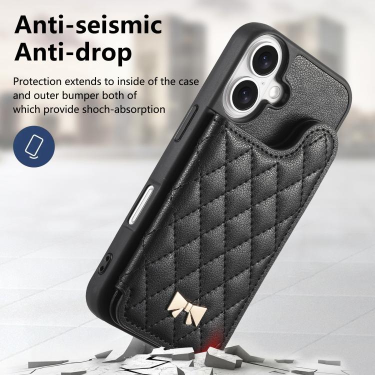 For iPhone 16 Plus Mirror Rhombic Texture Metal Bow-knot Vegan Leather Card Bag Phone Case