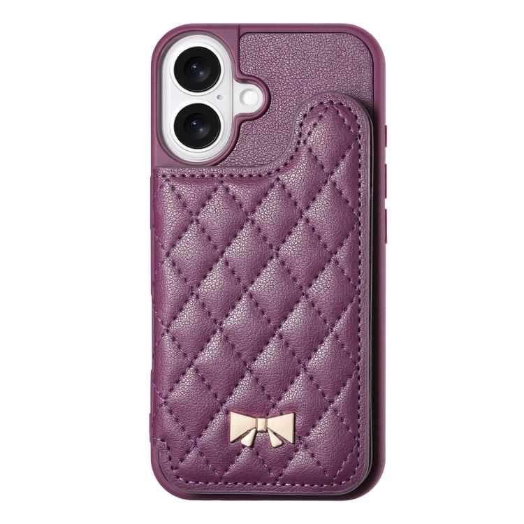 For iPhone 16 Plus Mirror Rhombic Texture Metal Bow-knot Vegan Leather Card Bag Phone Case