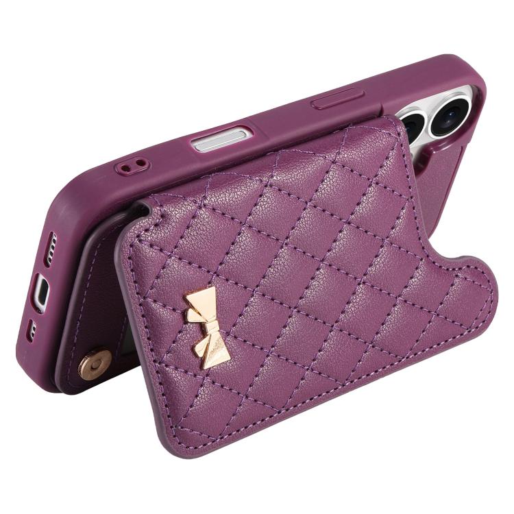 For iPhone 16 Plus Mirror Rhombic Texture Metal Bow-knot Vegan Leather Card Bag Phone Case