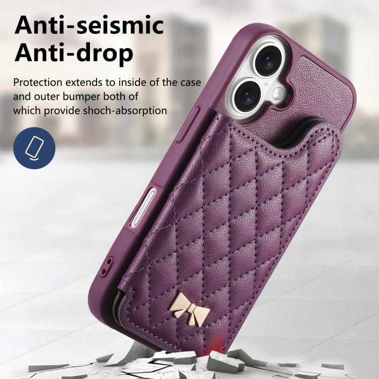 For iPhone 16 Plus Mirror Rhombic Texture Metal Bow-knot Vegan Leather Card Bag Phone Case