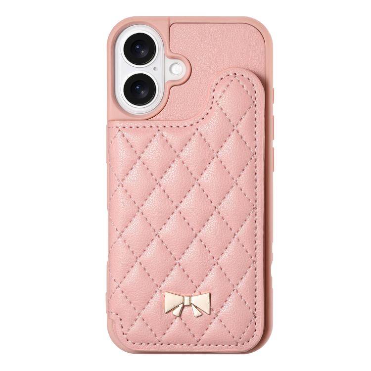 For iPhone 16 Plus Mirror Rhombic Texture Metal Bow-knot Vegan Leather Card Bag Phone Case