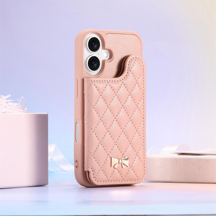 For iPhone 16 Plus Mirror Rhombic Texture Metal Bow-knot Vegan Leather Card Bag Phone Case
