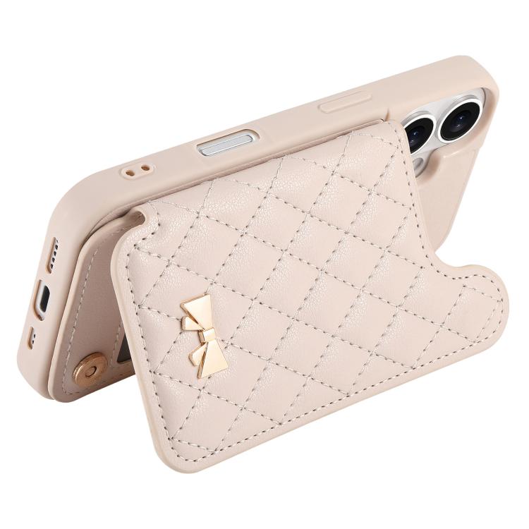For iPhone 16 Plus Mirror Rhombic Texture Metal Bow-knot Vegan Leather Card Bag Phone Case