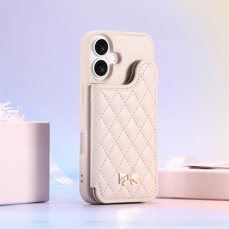 For iPhone 16 Plus Mirror Rhombic Texture Metal Bow-knot Vegan Leather Card Bag Phone Case