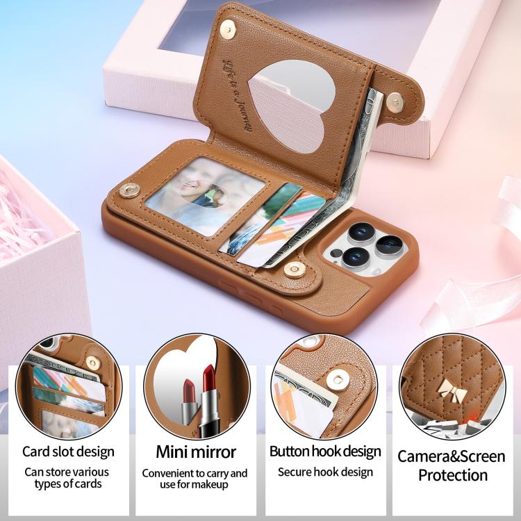 For iPhone 16 Pro Mirror Rhombic Texture Metal Bow-knot Vegan Leather Card Bag Phone Case