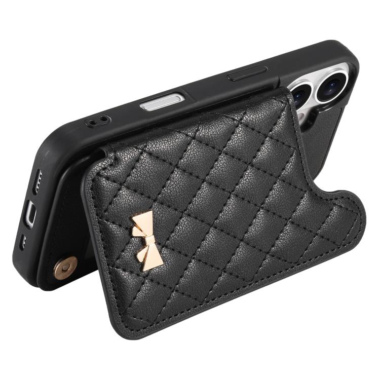 For iPhone 16 Pro Mirror Rhombic Texture Metal Bow-knot Vegan Leather Card Bag Phone Case