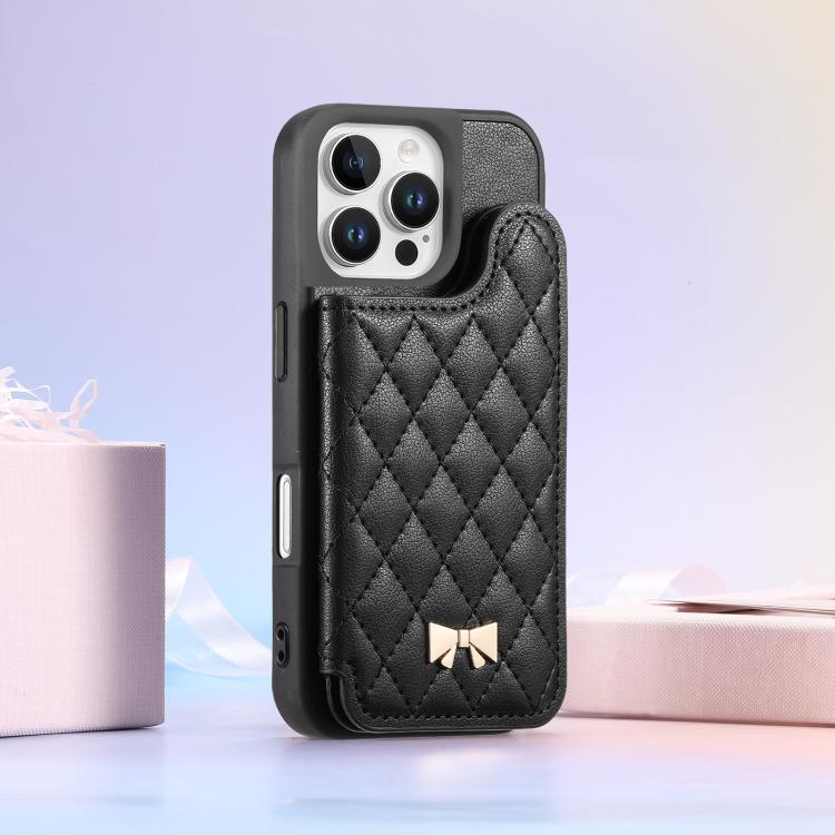 For iPhone 16 Pro Mirror Rhombic Texture Metal Bow-knot Vegan Leather Card Bag Phone Case