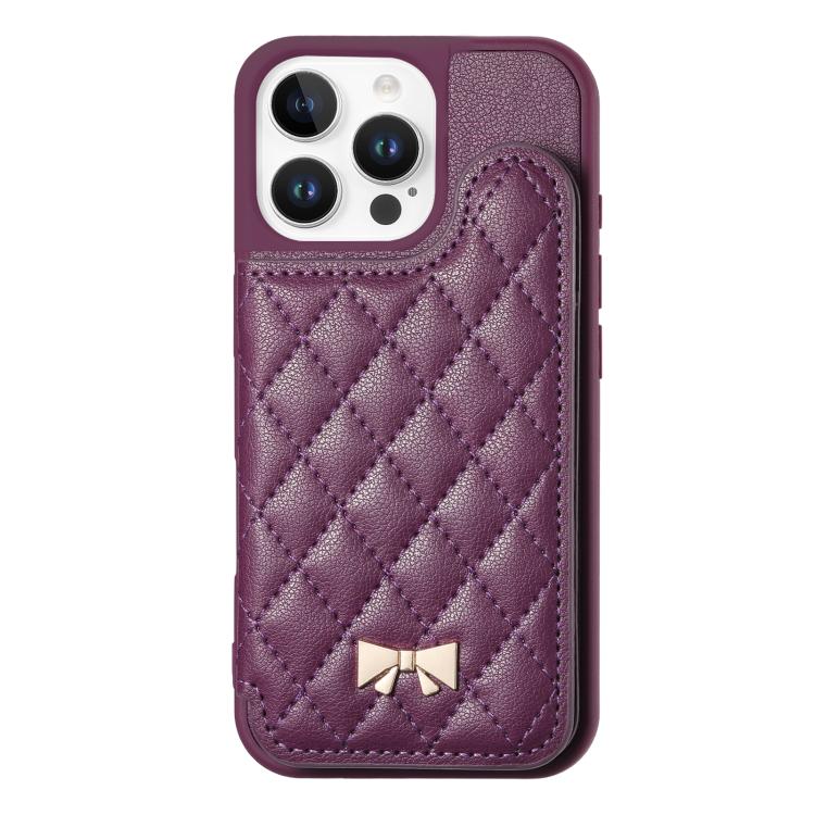 For iPhone 16 Pro Mirror Rhombic Texture Metal Bow-knot Vegan Leather Card Bag Phone Case